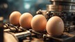 © JovialFox - Four eggs positioned in a machine. Close-up view of the eggs within the processing equipment. Warm lighting illuminates the eggs