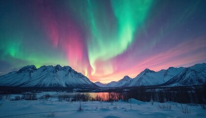  Dramatic aurora borealis illuminates Alaskan mountains at night. Vibrant green, pink lights dance across sky reflecting on frozen lake. Snow-covered peaks create stunning winter landscape, ideal for