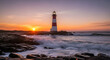 © topan - Coastal lighthouse at sunset guiding light over the ocean waters