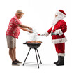 © Ljupco Smokovski - Man giving a grilled sausage to Santa Claus