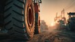 © Tina - Close-up of a large construction vehicle tire on a dusty road during sunset. Heavy machinery and equipment are visible in the background.