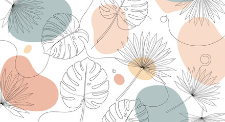 Naklejka na meble Modern abstract background featuring delicate line art of tropical monstera and palm leaves over soft pastel-colored organic shapes.