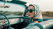 © ArtFocus Studio - Woman in vintage convertible car with headscarf and sunglasses. A stylish portrait conveying elegance and freedom. Classic style, retro fashion, luxurious lifestyle.