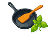 © Ganz - Cast iron frying pan with wooden spatula and fresh basil leaves cooking ingredients