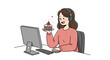 © Arina - Woman with small cake at computer having a virtual party, a cute character for web graphics