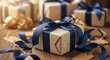 © MMerellinn - Beautifully wrapped gifts with deep blue satin ribbons sit ready on rustic wooden planks, perfect for a joyful winter holiday season giving appreciation.