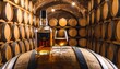 © Gethuk_Studio - Bottle of aged whiskey and glass on a wooden barrel in a dark, rustic cellar. Rows of oak casks for spirit aging in a traditional distillery or winery storage.