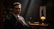 © WAHYU - A serious man in a dark suit adjusts his tie in a dimly lit, classic office with bookshelves and a desk lamp.