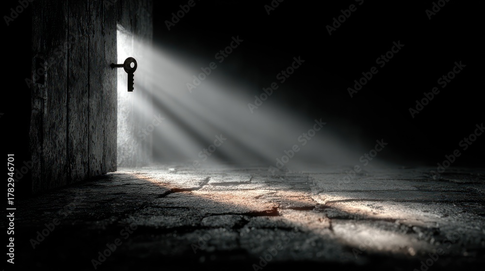 Dark room with a key in a door, light beams radiating outwards Stock ...