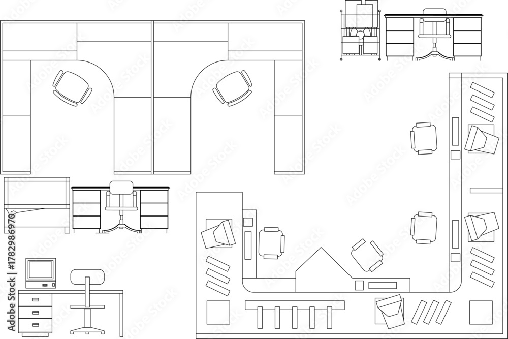 Office Layout Design Drawing Vector set of detailed office layouts: desks, modular cubicles, chairs ...