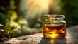 © sungedi - Small glass jar containing amber liquid sits bathed in bright sunlight on a textured surface beside greenery.