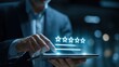 © Noxsha - Business Professional Using Virtual Holographic Interface To Provide Five-Star Service Rating Representing Customer Experience Analysis And Digital Review System