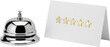 © Aether Io - A chrome reception bell sits next to a white card displaying four golden stars symbolizing excellent service isolate rating evaluation customer feedback