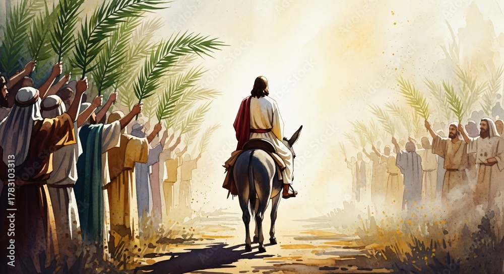Jesus Triumphal Entry into Jerusalem Palm Sunday Biblical Illustration ...