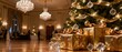 © DWIJ - Elegant ballroom decorated for christmas with a tree, gifts, and chandeliers, creating a festive atmosphere