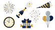 © Melin - A collection of New Year's Eve celebration elements including fireworks, a champagne bottle, a party horn, confetti, balloons, a clock, and a gift box labeled 2026.