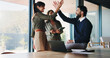 © peopleimages.com - High five, business people or lawyers celebrate in office for winning idea, legal case or teamwork. Client advocacy, strong defense or group with lawsuit settlement paper, pc or class action success