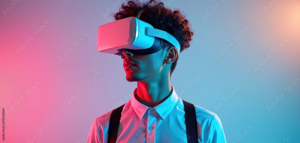 Young man wears virtual reality headset in neon lights. Person immersed ...