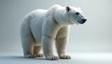 3D render presents white polar bear. Realistic digital illustration. Animal stands on grey background. Graphic design shows predator. Mascot stands calmly. Concept for arctic animal, wildlife, zoo