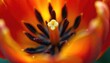© Viktor - Extreme close view of orange tulip center with deep red stamens and yellow pistil. Tiny pollen grains visible on stamen tips. Flower details and texture in sharp focus.