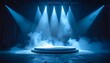 © sayur - A theatrical stage bathed in blue light, beams emanating from above, illuminating a raised platform amidst swirling fog