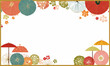 © Rozzie - Moldura decorativa japonesa com guarda-chuvas orientais coloridos e flores, design tradicional para convite.