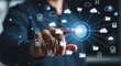 © mdshafiq - Biometric Data Access: Hand Touching Glowing Fingerprint Icon Connected to Digital Folders and Clouds for Secure File Storage and Access Control