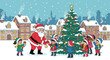 © Syed - Santa claus and happy children decorating a christmas tree in a snowy town square with festive houses and falling snow