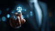 © Sirichai - Digital Justice: A close-up shot captures a hand of the man touching a digital icon representing the scales of justice, symbolizing the concepts of law, order, and legal technology.