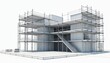© Viktor - 3D illustration of modern building structure currently under construction. Extensive scaffolding surrounds unfinished framework on dedicated building site. Architectural project represents urban