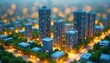 © Viktor - Miniature city model features tall buildings, green spaces. Tiny streets with lights wind through housing developments. Realistic urban planning simulation, showing detailed cityscape layout at night.