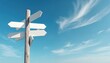 © Viktor - Directional signpost with blank white arrows against blue sky background with clouds. Sign offers choice multiple directions, options. Perfect for navigation travel decisions. Copy space, clean