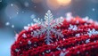 © diadi - A delicate, crystalline snowflake rests upon a textured, vibrant red knitted surface, surrounded by softly falling snow and bokeh lights, evoking a sense of winter's magic and serene beauty