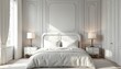 © Viktor - Elegant white bedroom interior rendered in 3d. Luxurious space features paneled walls a plush bed and soft lighting. This mock backdrop showcases sophisticated design elements for home decor projects.