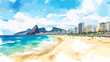 © Aquir - Copacabana Beach. Copacabana Beach hand drawn watercolor illustration
