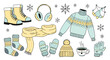 © Zulharyono - A charming hand-drawn collection of cozy winter clothing essentials and accessories, including sweaters, scarves, hats, gloves, boots, and warm drinks, perfect for cold weather season