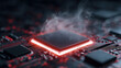 © vasyl pshyk - High-tech computer chip with glowing edges emitting steam in a dark electronic environment