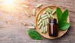 © Kerstin - pills of herbal and leaves with bottle on top view of wood table concept in care and healthy strong body for maintaining health