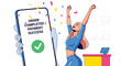 © meeblues - Flat vector happy buyer celebrating “Order Confirmed” screen with receipt and checkmark badge. Clean solid-color illustration, ideal for email marketing, order success pages, and tracking messages