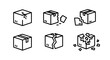 © Glaiza - Set of six line art icons depicting damaged cardboard boxes, illustrating concepts of broken packages, shipping accidents, and delivery mishaps, presented on a clean white background for versatile