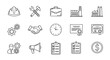 © Zayn - A clean and modern vector icon set representing various aspects of labor and industry, featuring a hard hat, tools, gears, handshake, briefcase, factories, clock, certificates, checklist, megaphone