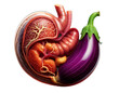 © MdNipon - Angled Side View of Human Stomach Containing Eggplant, Medical Vector Illustration, Isolated on Transparent Background PNG