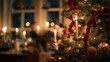 © swillklitch - Christmas tree branch decorated with burning white candle and red ribbon in traditional festive home interior