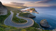 © graphicdesignar - Winding coastal road leads to picturesque village by blue ocean at sunset seaside