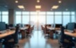 © wang - Blurred image of spacious open-plan office with desks and ceiling lights Soft focus creating abstract view of modern workspace interior. High quality