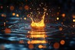 © Dece Std - Water droplet creating crown splash, golden light reflects off ripples, dark background