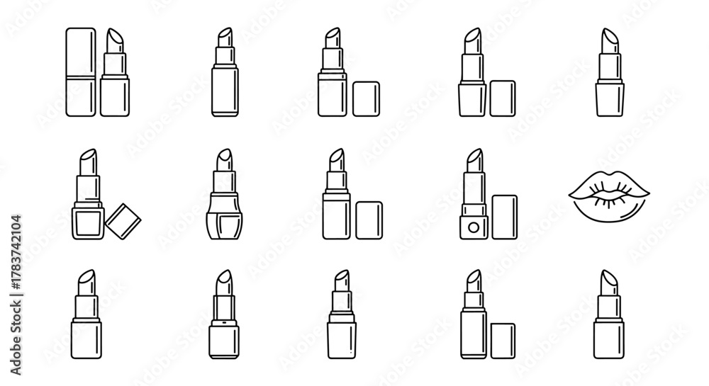 Collection of minimalist linear icons representing lipsticks in various styles and a pair of lips, perfect for web design, graphic applications, social media, and beauty-themed content, offering a