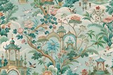 Botanical chinoiserie wallpaper featuring serene garden scene with birds pagodas blossoming trees and tranquil atmosphere creates elegant timeless backdrop for interior decoration projects