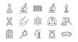 © Apel - Monochromatic Line Art Science Lab Equipment Icons Set - Flasks, Microscopes, DNA, Magnets, Atoms, Beakers, Goggles.