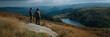 © gunzexx png and bg - Two friends stand on a rock, captivated by a vast mountain landscape, sharing a moment of connection and appreciation for the beauty of nature together.